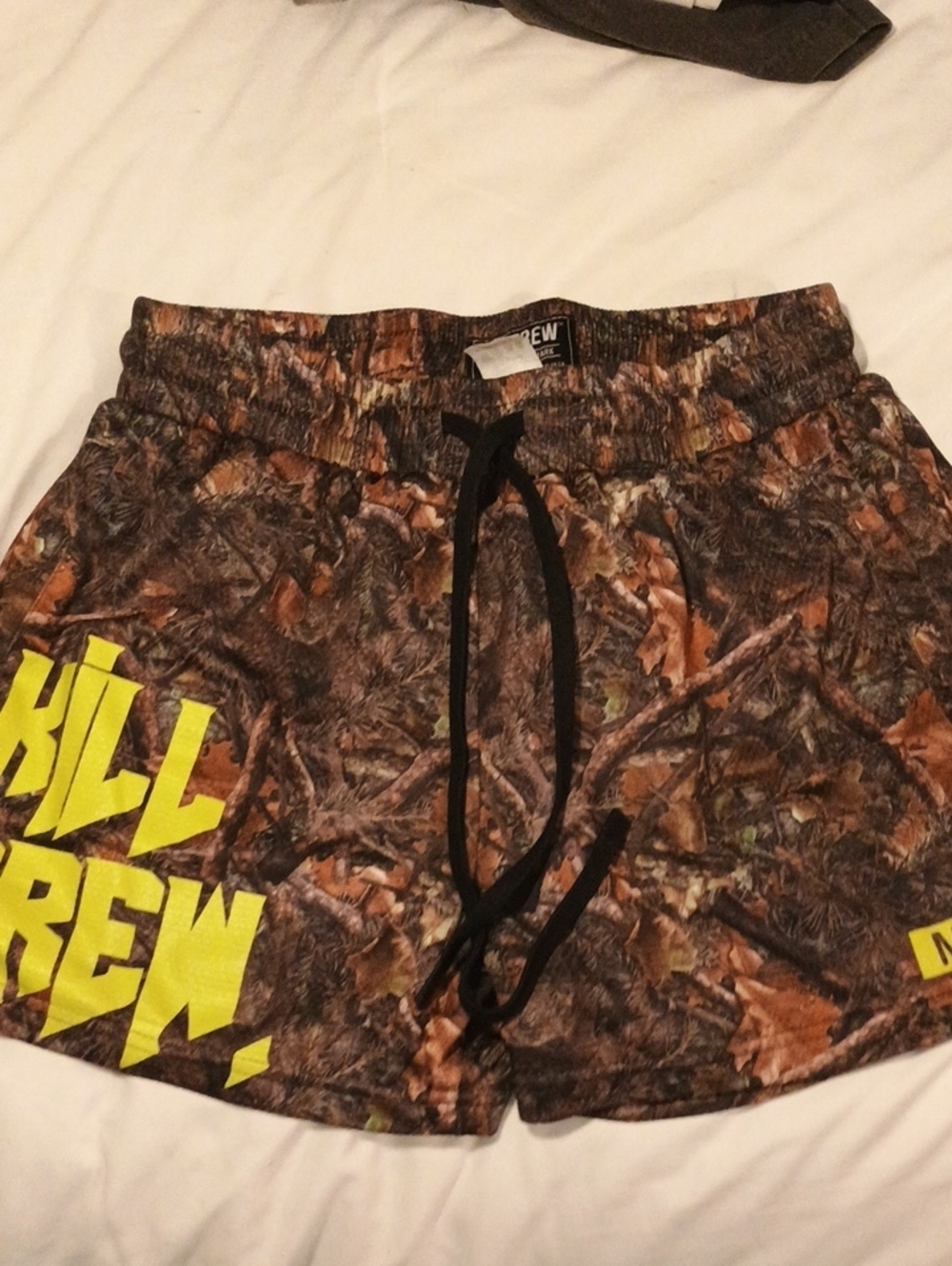 Kill Crew Men's Camo Drawstring Athletic Shorts - Brown with Yellow Logo